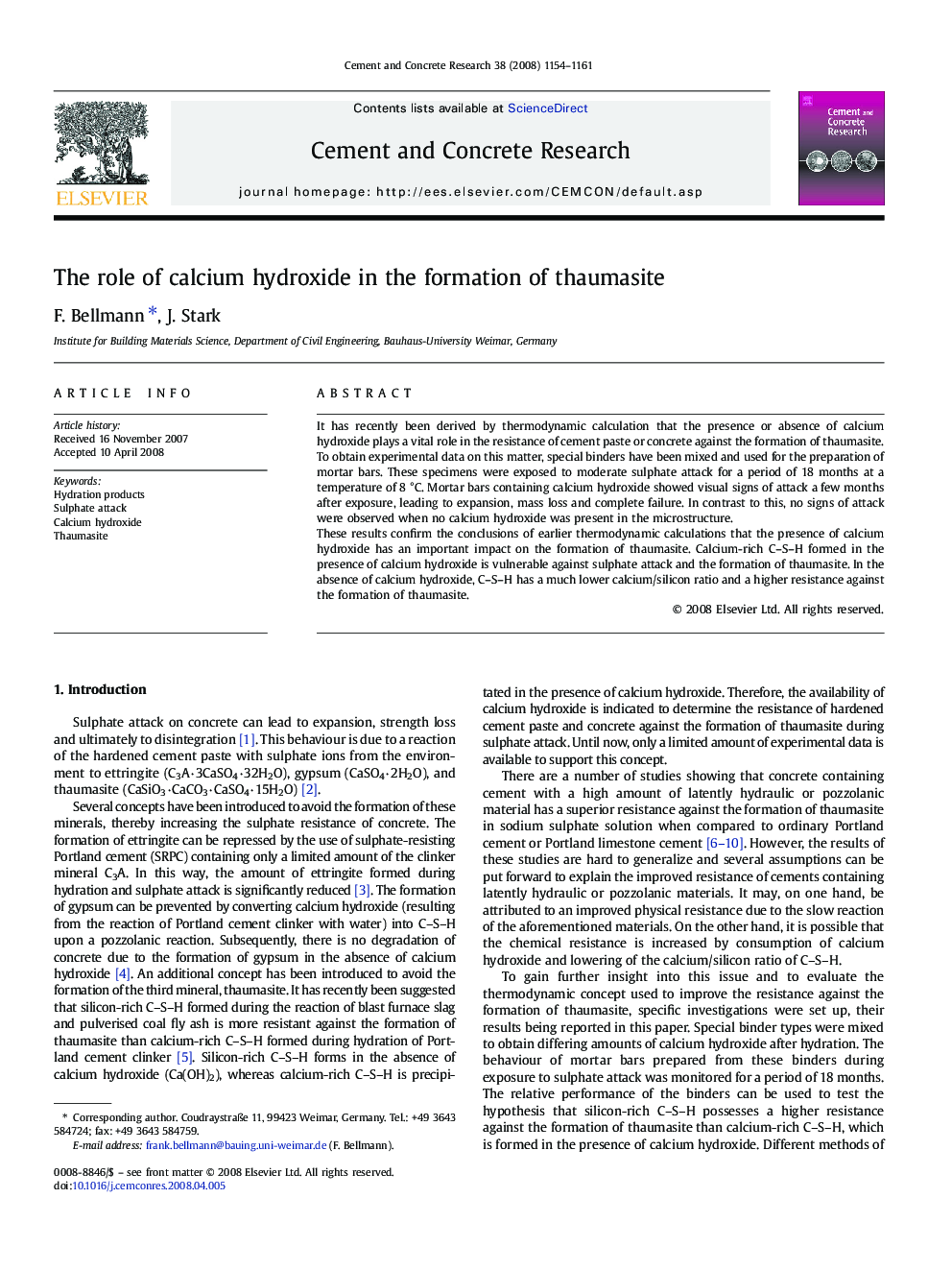 The role of calcium hydroxide in the formation of thaumasite