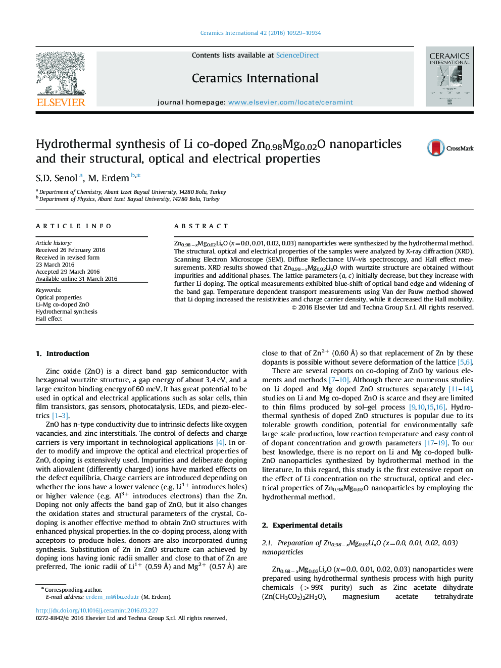 Hydrothermal synthesis of Li co-doped Zn0.98Mg0.02O nanoparticles and their structural, optical and electrical properties