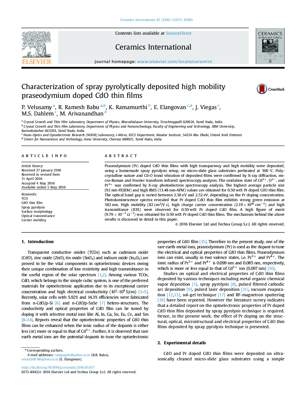 Characterization of spray pyrolytically deposited high mobility praseodymium doped CdO thin films