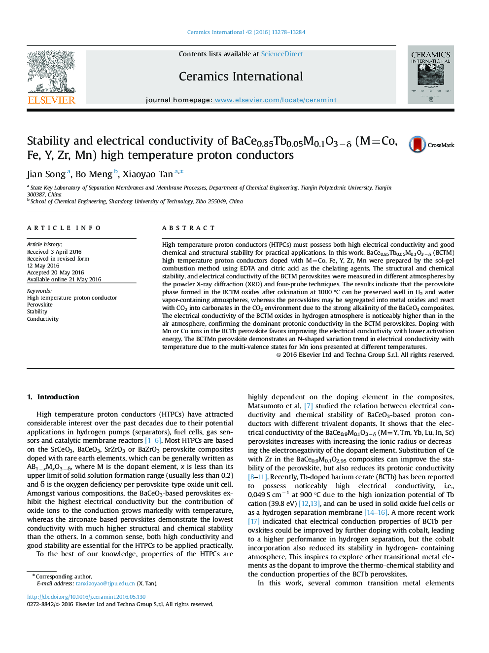 Stability and electrical conductivity of BaCe0.85Tb0.05M0.1O3−δ (M=Co, Fe, Y, Zr, Mn) high temperature proton conductors
