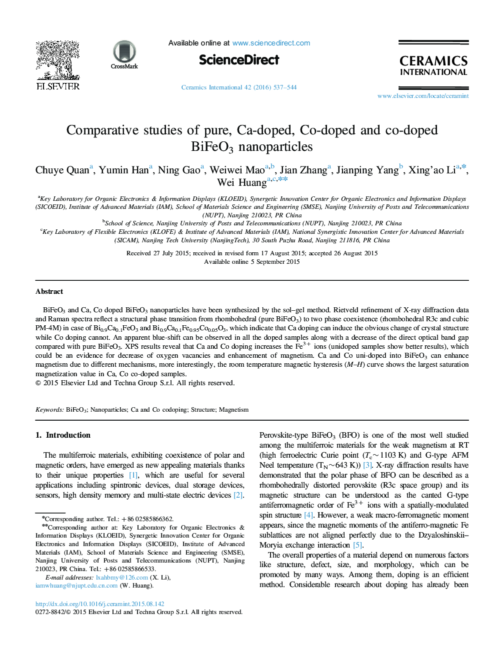 Comparative studies of pure, Ca-doped, Co-doped and co-doped BiFeO3 nanoparticles