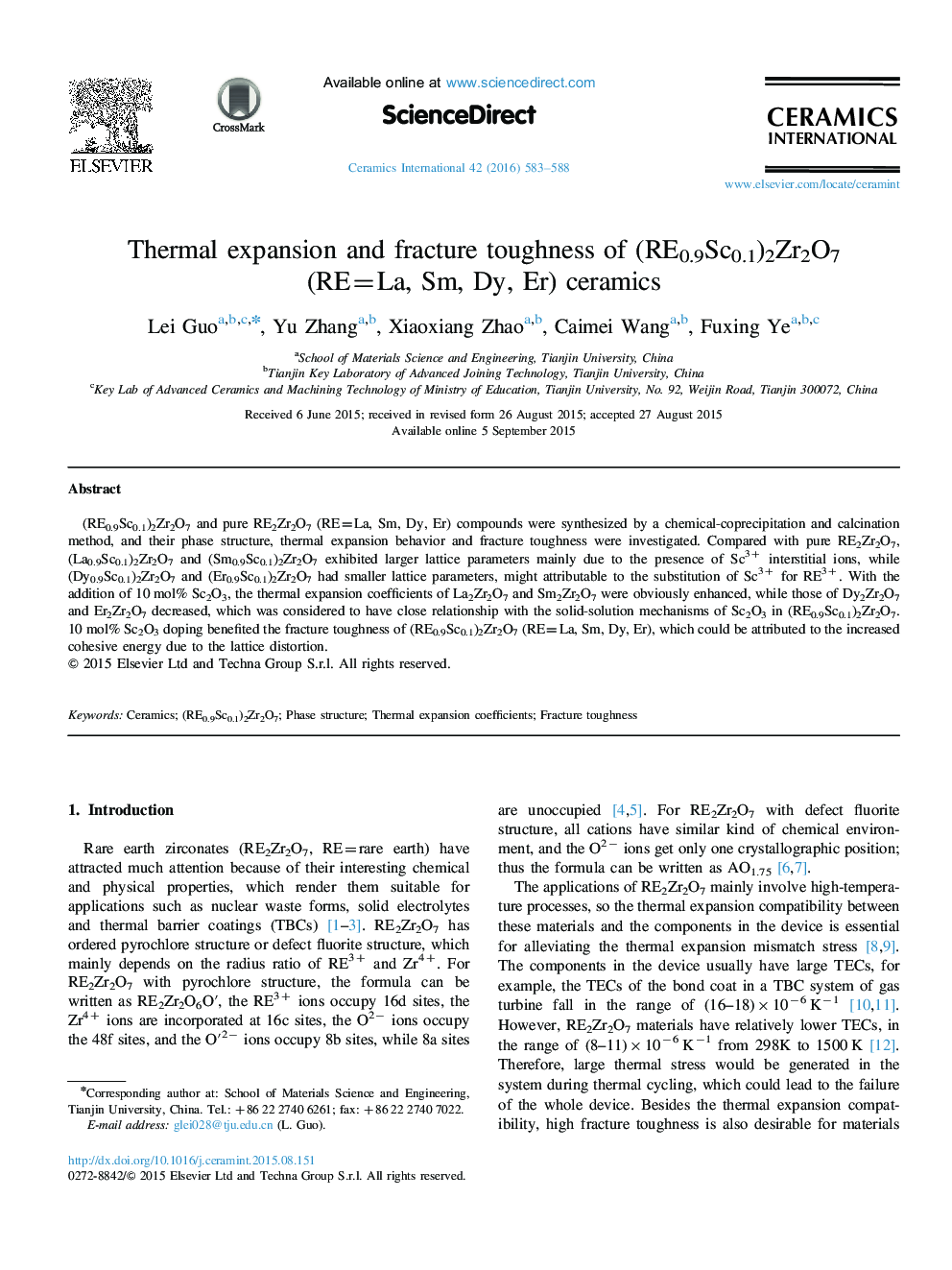 Thermal expansion and fracture toughness of (RE0.9Sc0.1)2Zr2O7 (RE=La, Sm, Dy, Er) ceramics