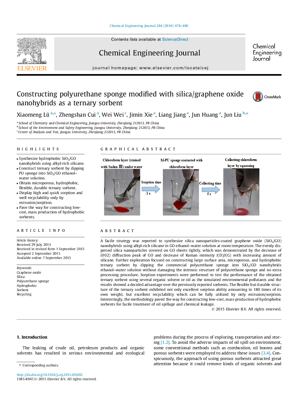 Constructing polyurethane sponge modified with silica/graphene oxide nanohybrids as a ternary sorbent