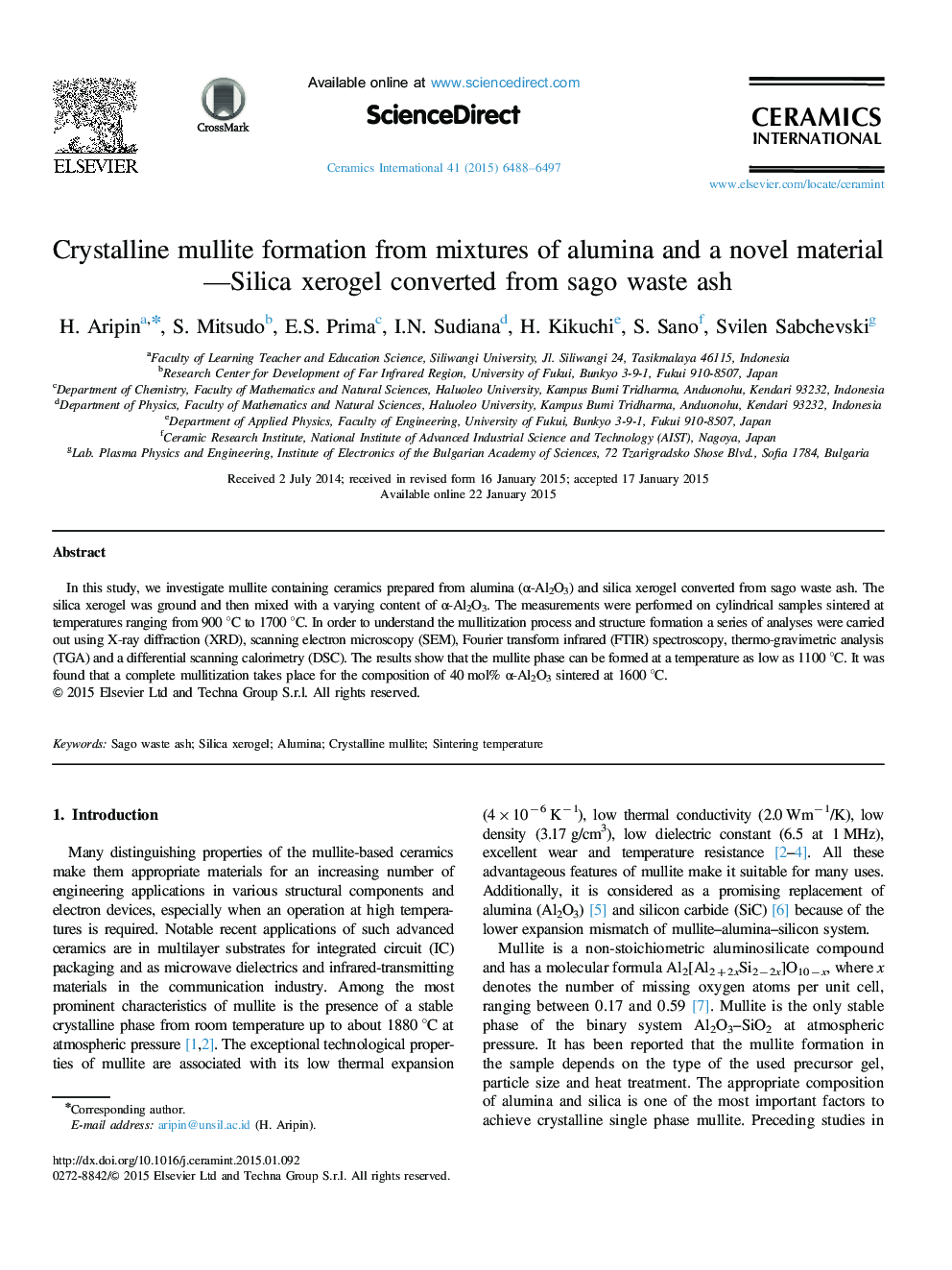 Crystalline mullite formation from mixtures of alumina and a novel material—Silica xerogel converted from sago waste ash
