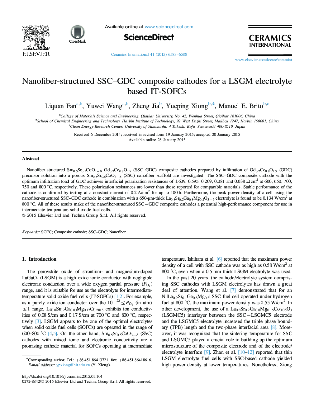 Nanofiber-structured SSC–GDC composite cathodes for a LSGM electrolyte based IT-SOFCs
