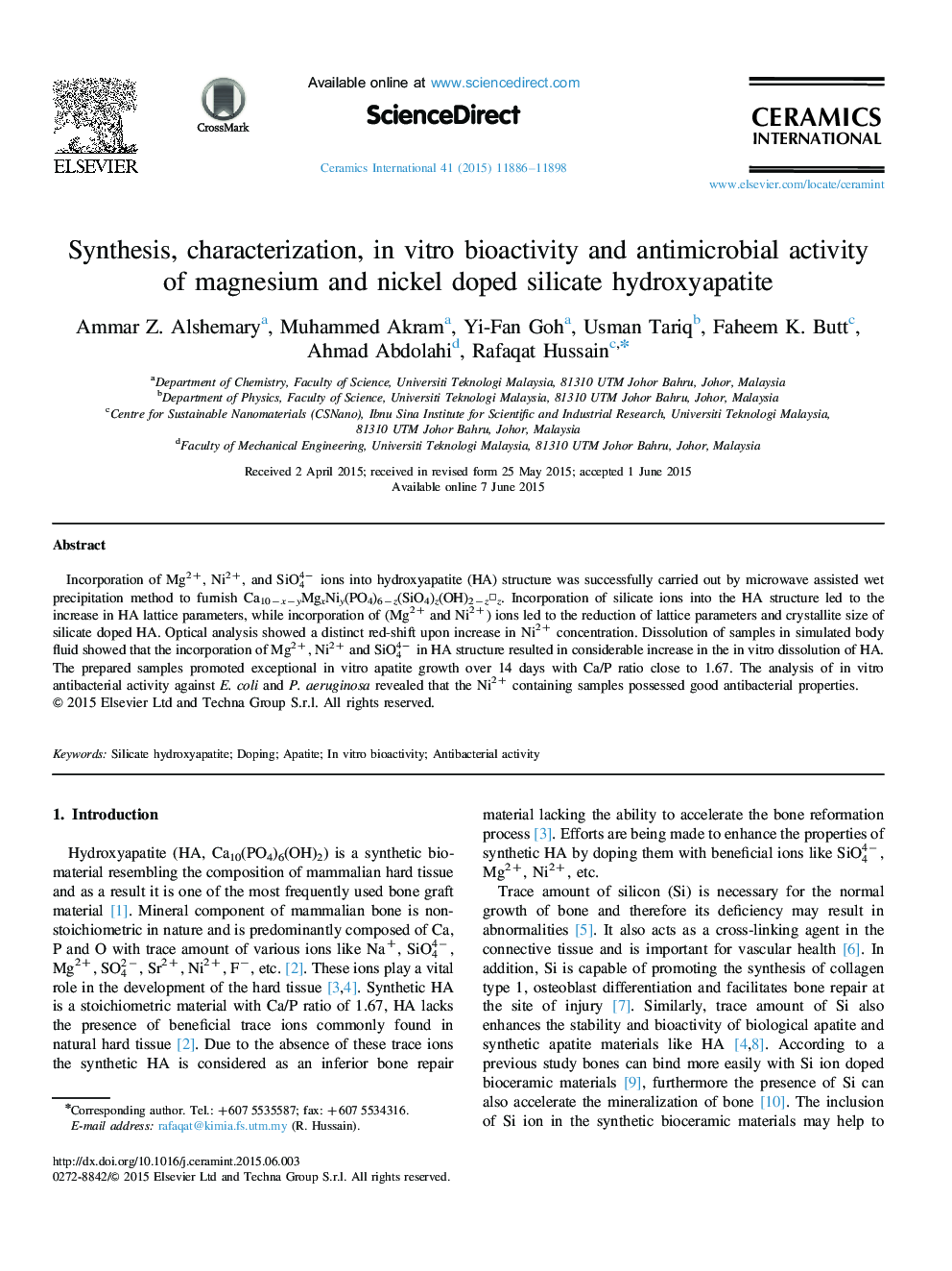 Synthesis, characterization, in vitro bioactivity and antimicrobial activity of magnesium and nickel doped silicate hydroxyapatite