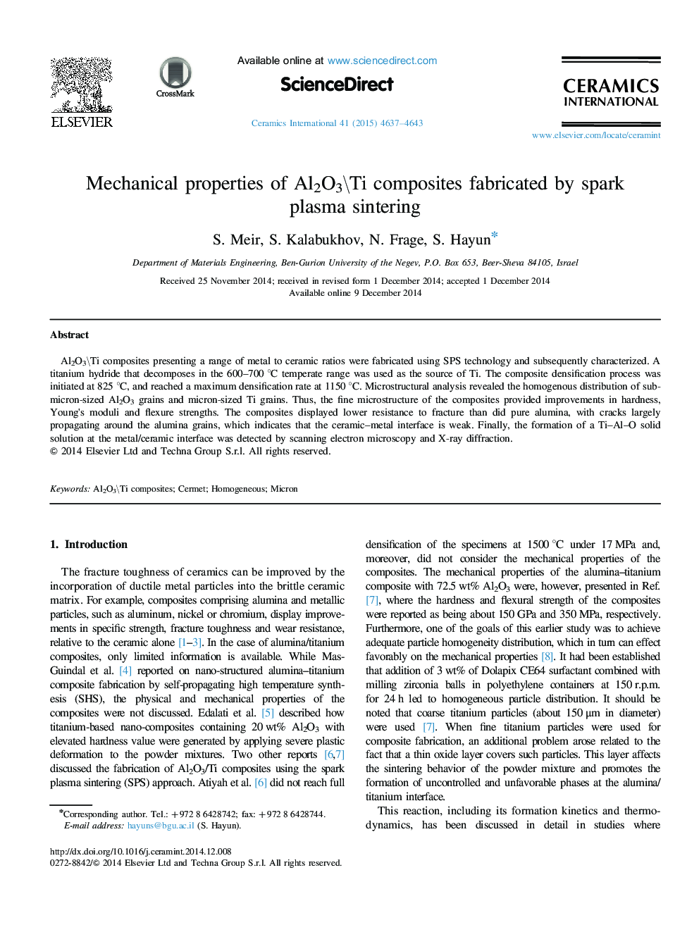 Mechanical properties of Al2O3\Ti composites fabricated by spark plasma sintering