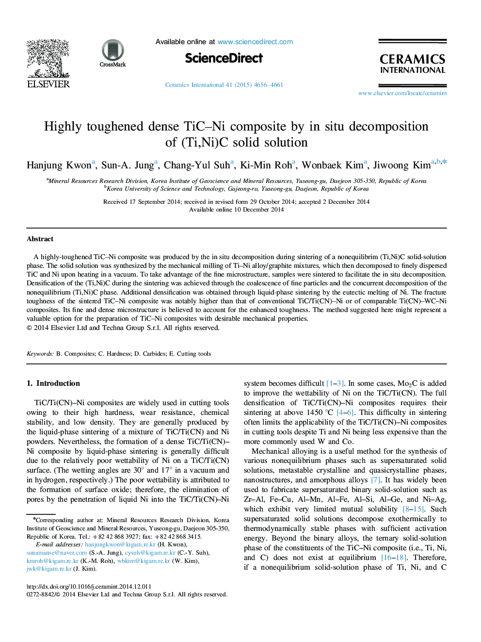 Highly toughened dense TiC-Ni composite by in situ decomposition of (Ti,Ni)C solid solution