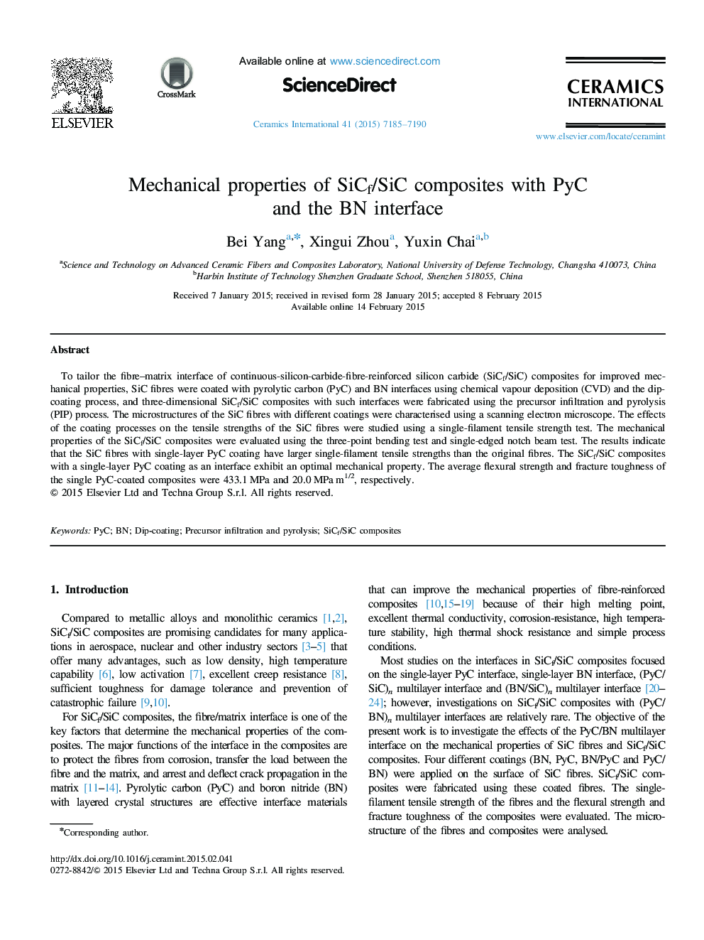 Mechanical properties of SiCf/SiC composites with PyC and the BN interface