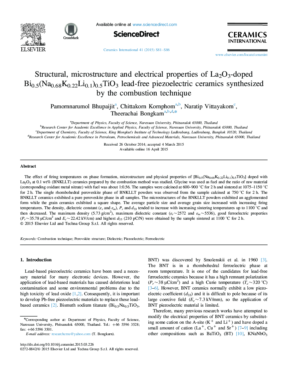 Structural, microstructure and electrical properties of La2O3-doped Bi0.5(Na0.68K0.22Li0.1)0.5TiO3 lead-free piezoelectric ceramics synthesized by the combustion technique