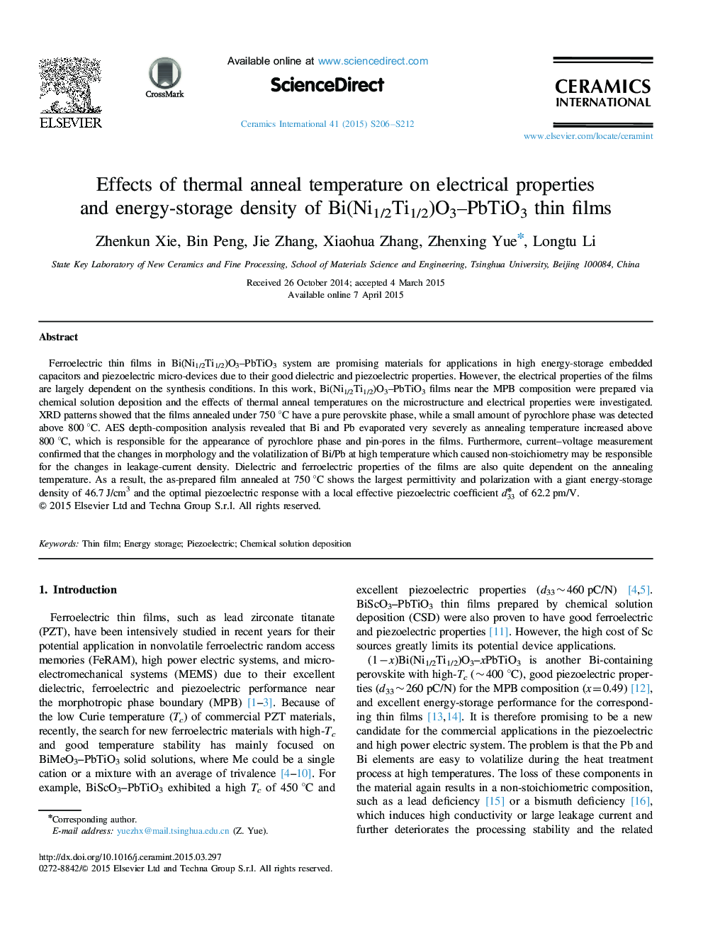 Effects of thermal anneal temperature on electrical properties and energy-storage density of Bi(Ni1/2Ti1/2)O3–PbTiO3 thin films