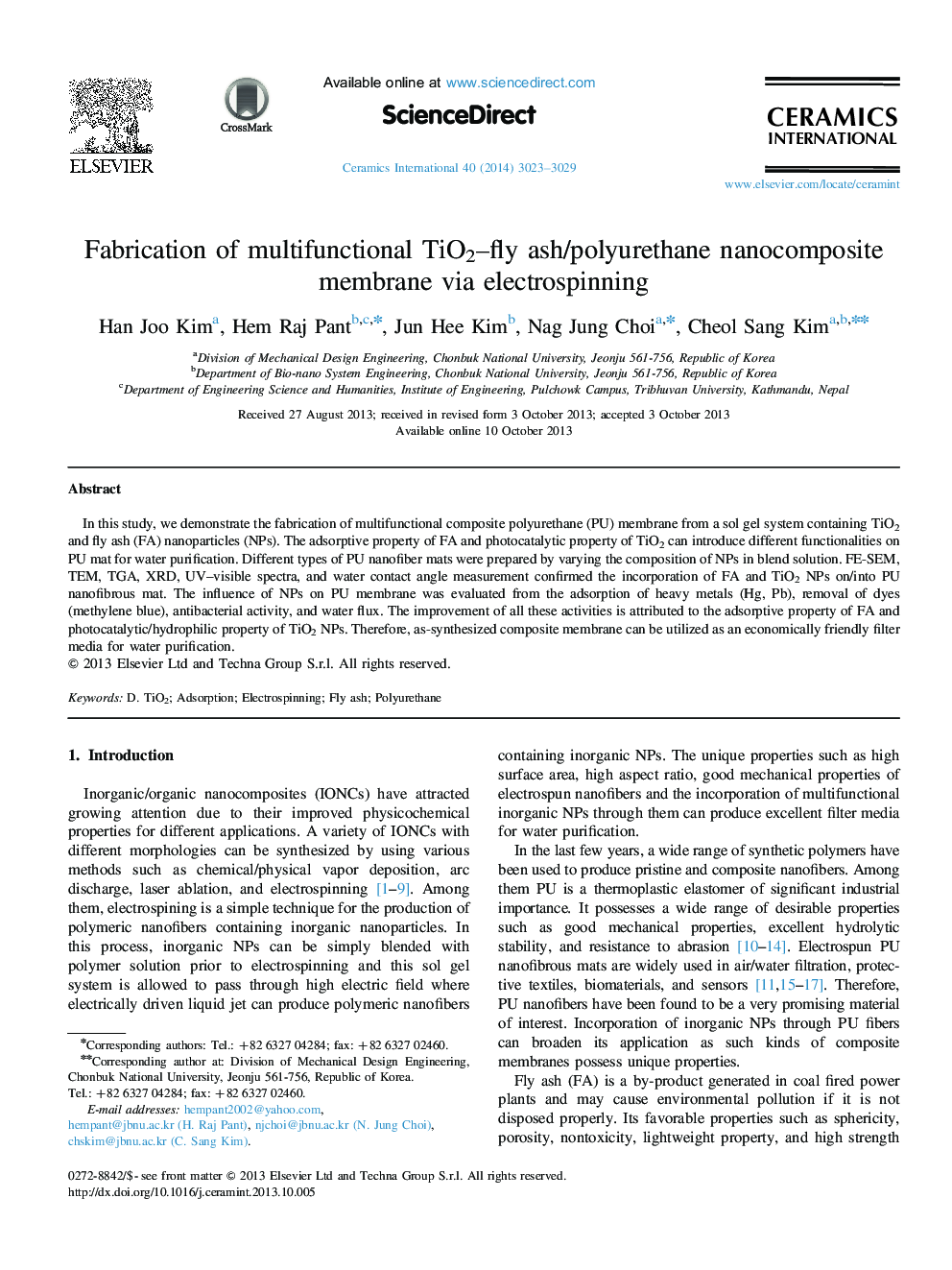 Fabrication of multifunctional TiO2–fly ash/polyurethane nanocomposite membrane via electrospinning