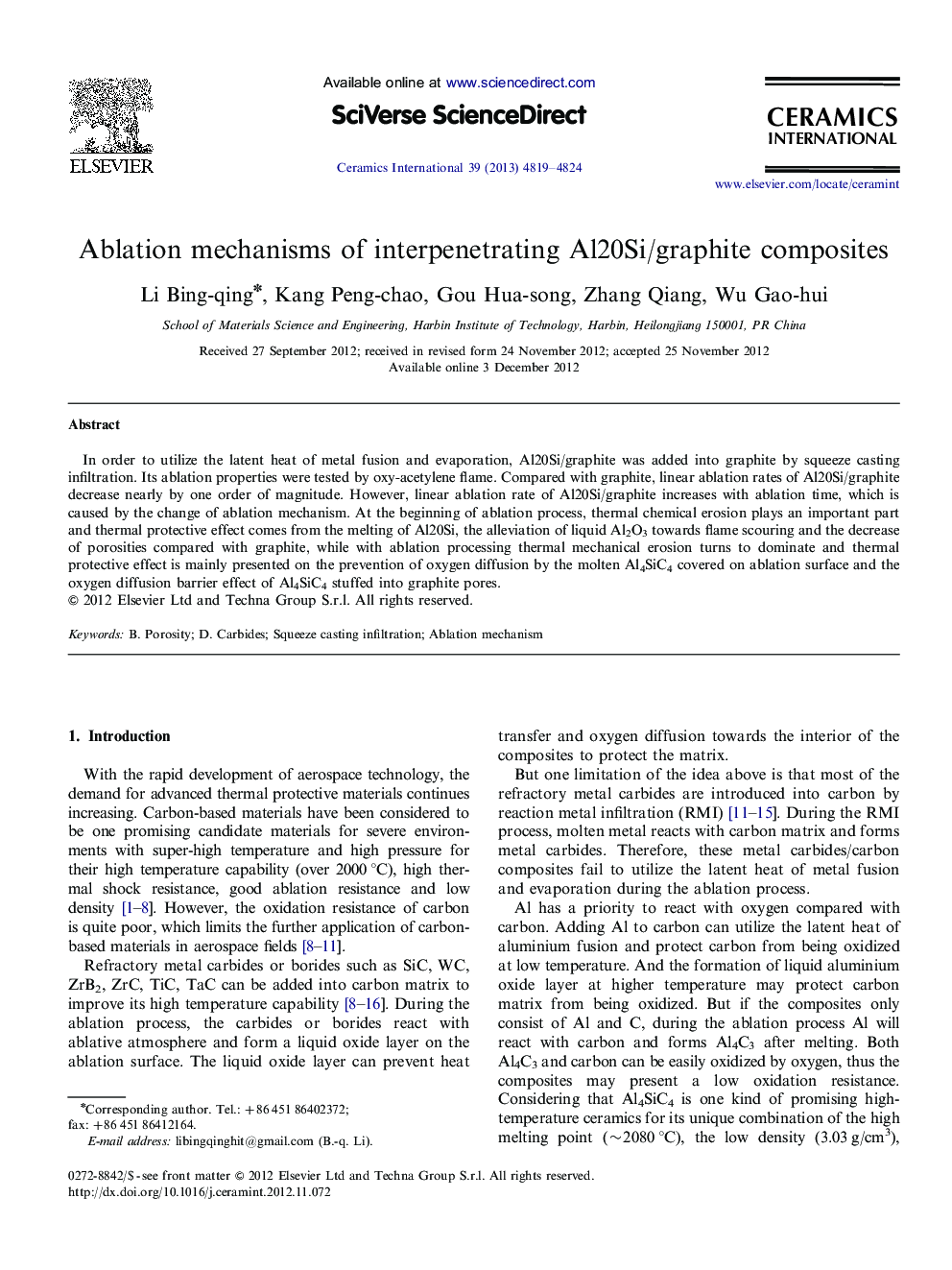 Ablation mechanisms of interpenetrating Al20Si/graphite composites
