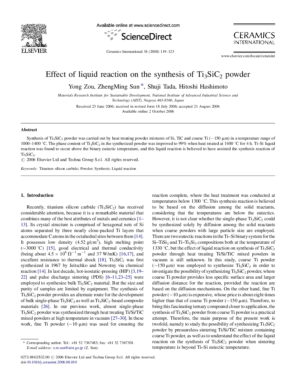 Effect of liquid reaction on the synthesis of Ti3SiC2 powder