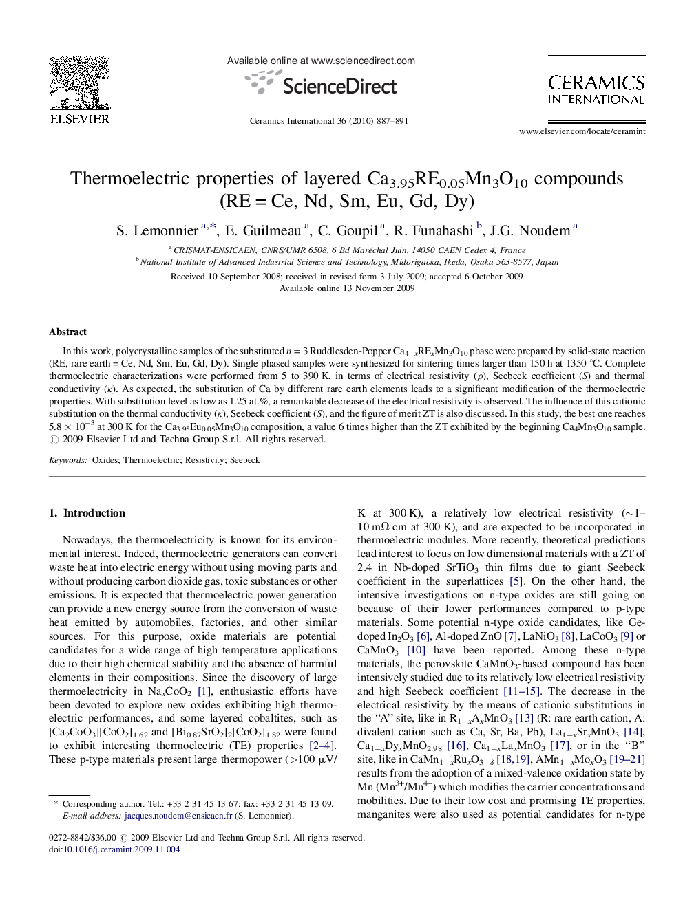 Thermoelectric properties of layered Ca3.95RE0.05Mn3O10 compounds (RE = Ce, Nd, Sm, Eu, Gd, Dy)