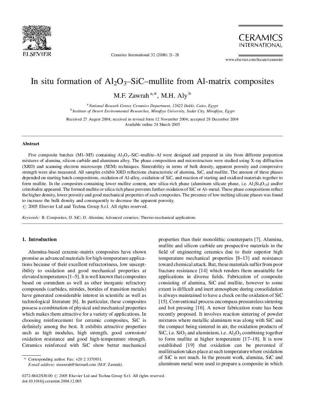 In situ formation of Al2O3–SiC–mullite from Al-matrix composites