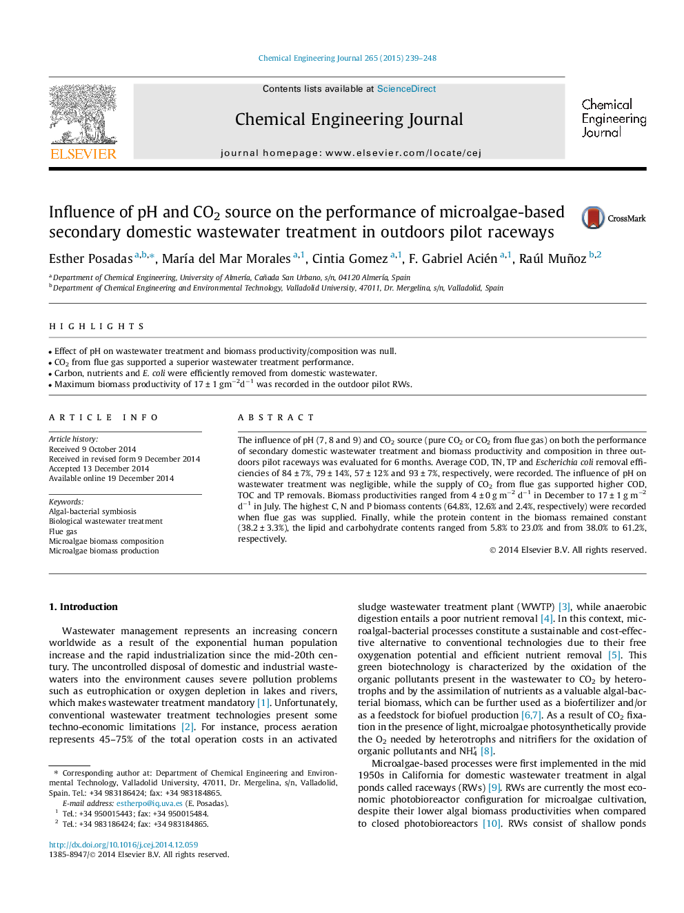 Influence of pH and CO2 source on the performance of microalgae-based secondary domestic wastewater treatment in outdoors pilot raceways