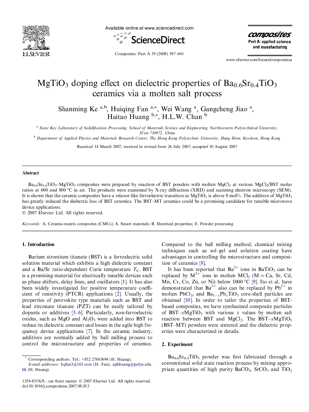 MgTiO3 doping effect on dielectric properties of Ba0.6Sr0.4TiO3 ceramics via a molten salt process