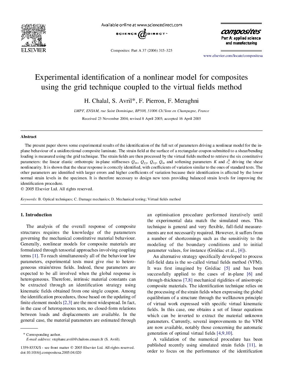 Experimental identification of a nonlinear model for composites using the grid technique coupled to the virtual fields method