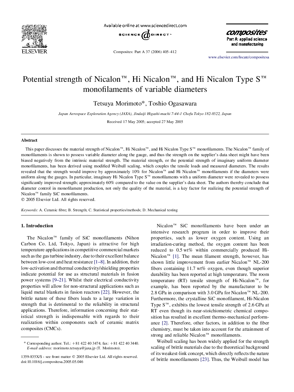 Potential strength of Nicalon™, Hi Nicalon™, and Hi Nicalon Type S™ monofilaments of variable diameters