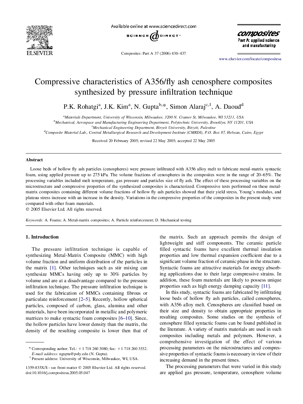 Compressive characteristics of A356/fly ash cenosphere composites synthesized by pressure infiltration technique