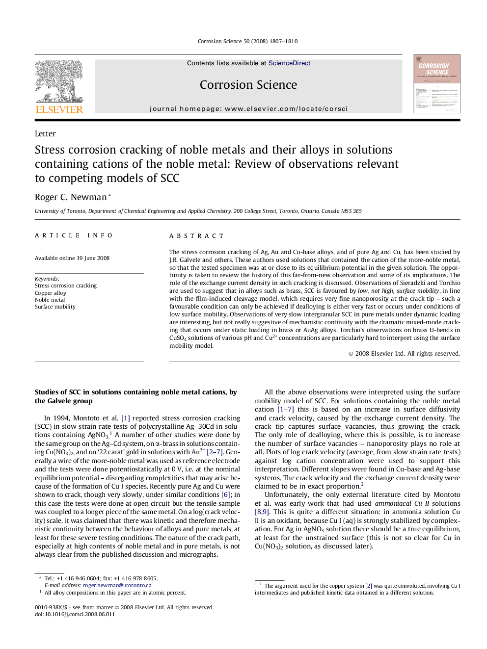 Stress corrosion cracking of noble metals and their alloys in solutions containing cations of the noble metal: Review of observations relevant to competing models of SCC