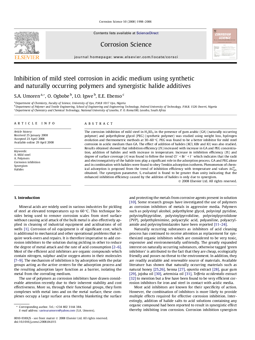 Inhibition of mild steel corrosion in acidic medium using synthetic and naturally occurring polymers and synergistic halide additives