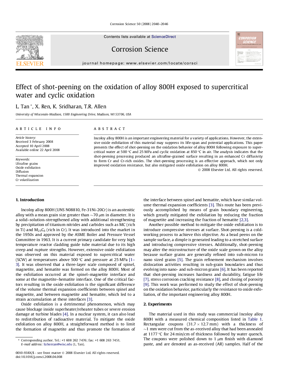 Effect of shot-peening on the oxidation of alloy 800H exposed to supercritical water and cyclic oxidation