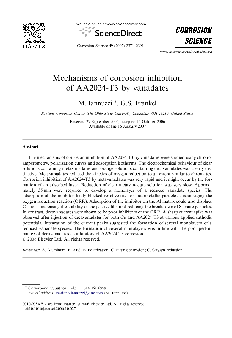 Mechanisms of corrosion inhibition of AA2024-T3 by vanadates