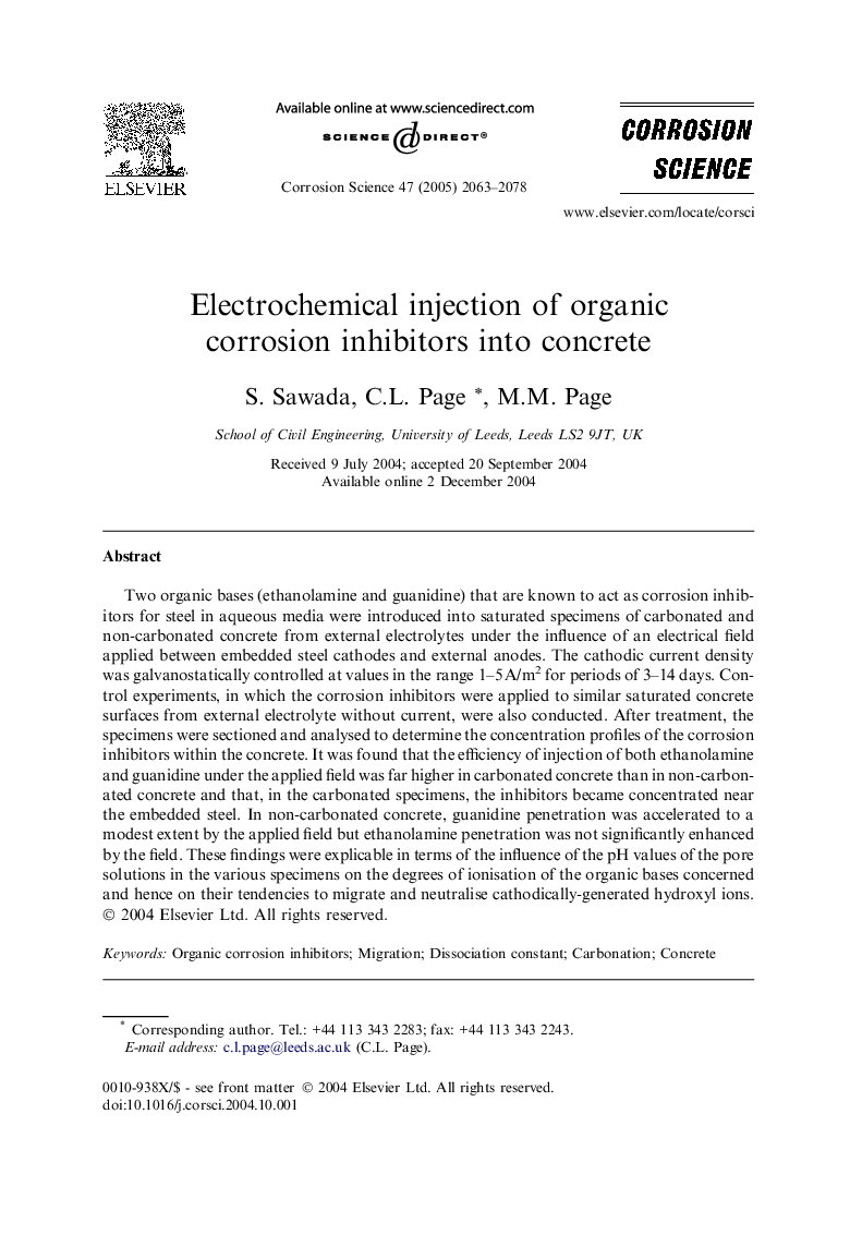 Electrochemical injection of organic corrosion inhibitors into concrete