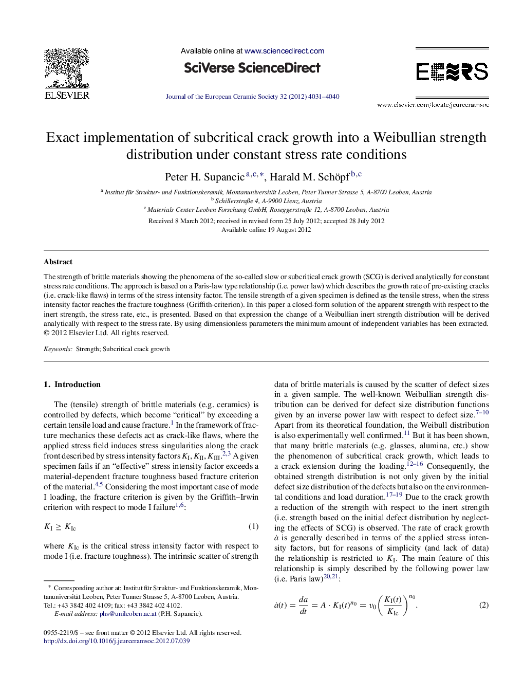 Exact implementation of subcritical crack growth into a Weibullian strength distribution under constant stress rate conditions