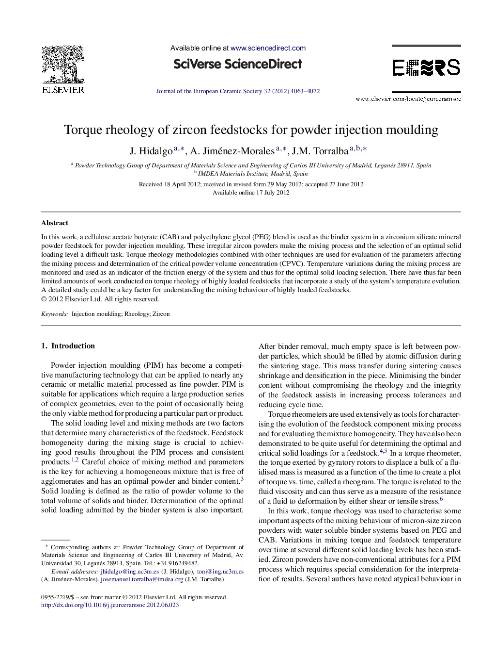 Torque rheology of zircon feedstocks for powder injection moulding