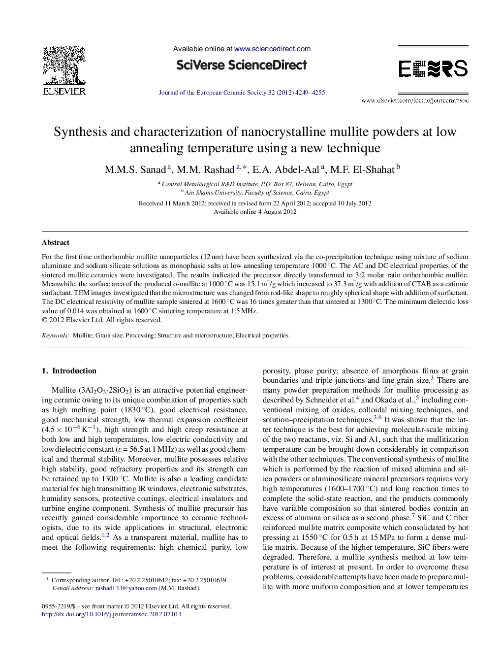 Synthesis and characterization of nanocrystalline mullite powders at low annealing temperature using a new technique