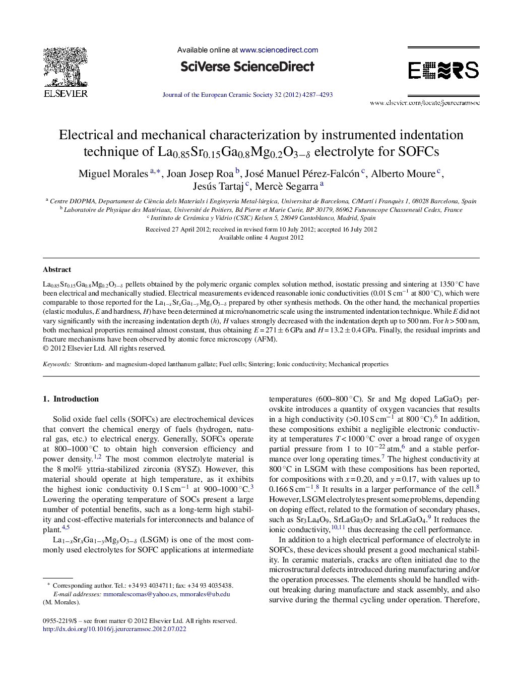 Electrical and mechanical characterization by instrumented indentation technique of La0.85Sr0.15Ga0.8Mg0.2O3−δ electrolyte for SOFCs