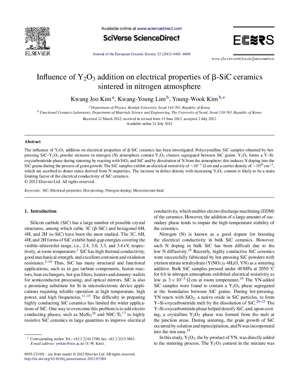 Influence of Y2O3 addition on electrical properties of β-SiC ceramics sintered in nitrogen atmosphere