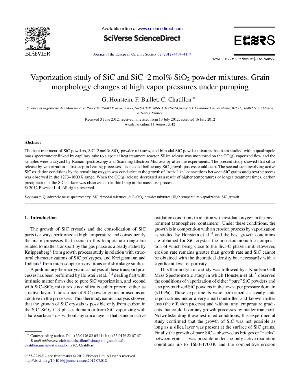 Vaporization study of SiC and SiC–2 mol% SiO2 powder mixtures. Grain morphology changes at high vapor pressures under pumping