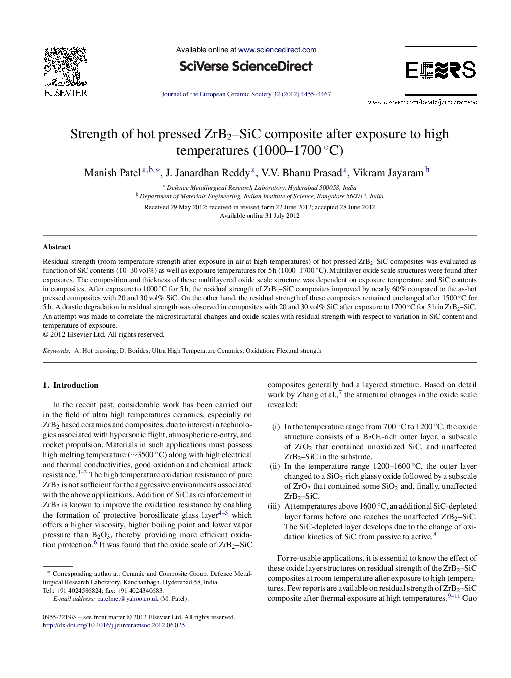 Strength of hot pressed ZrB2–SiC composite after exposure to high temperatures (1000–1700 °C)