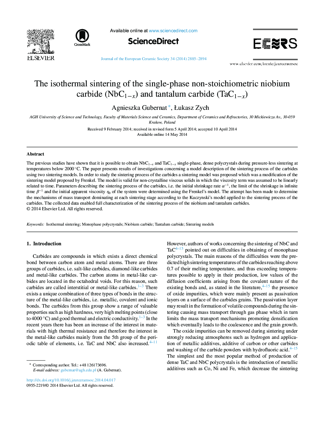 The isothermal sintering of the single-phase non-stoichiometric niobium carbide (NbC1âx) and tantalum carbide (TaC1âx)