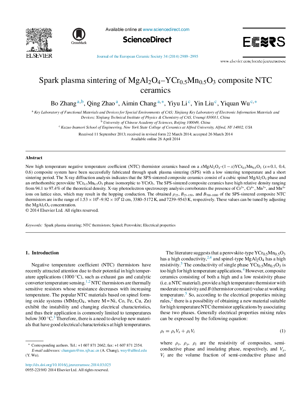 Spark plasma sintering of MgAl2O4–YCr0.5Mn0.5O3 composite NTC ceramics