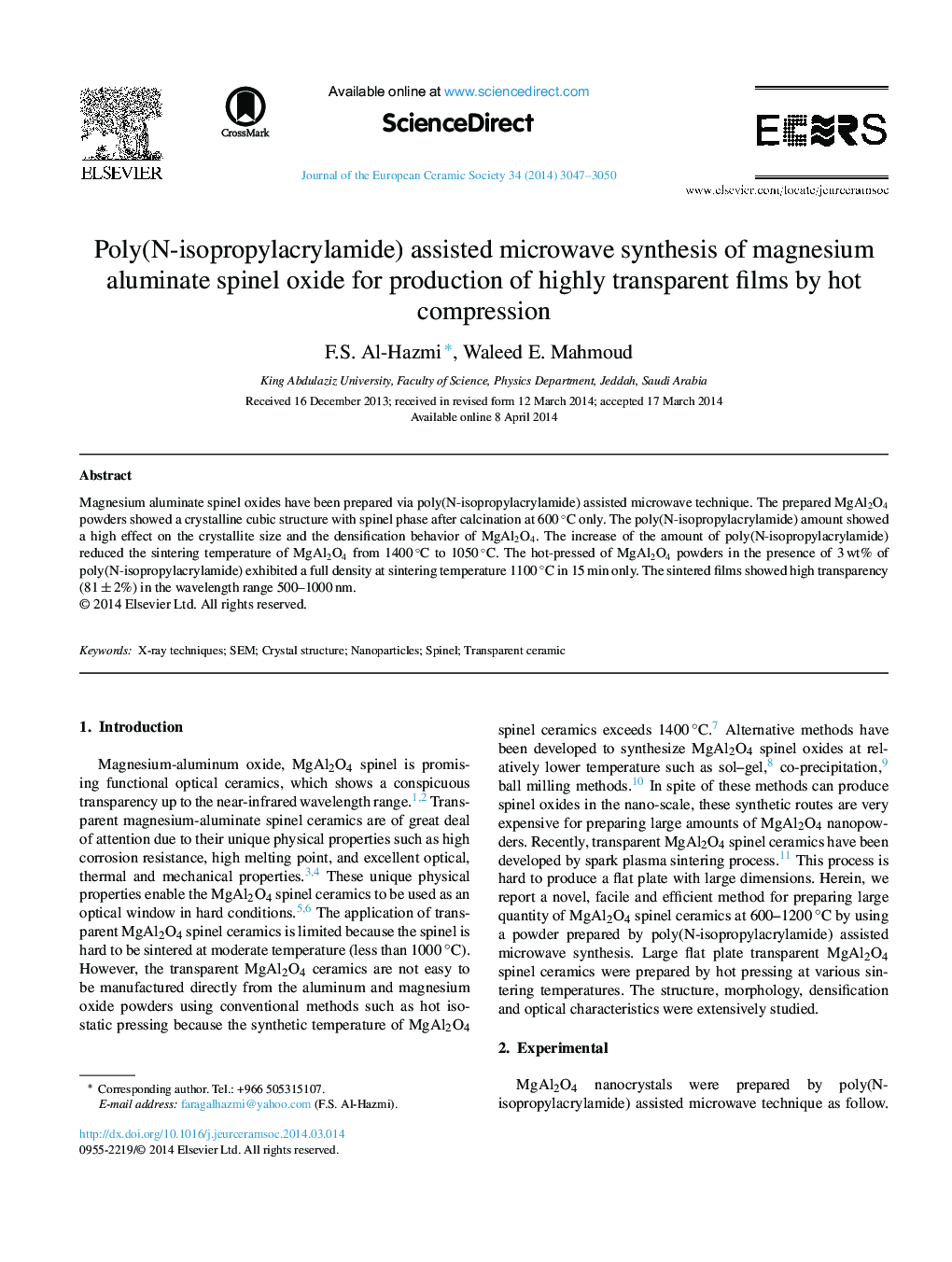 Poly(N-isopropylacrylamide) assisted microwave synthesis of magnesium aluminate spinel oxide for production of highly transparent films by hot compression