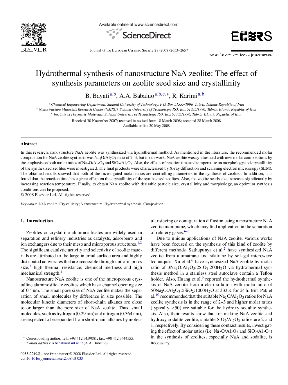 Hydrothermal synthesis of nanostructure NaA zeolite: The effect of synthesis parameters on zeolite seed size and crystallinity