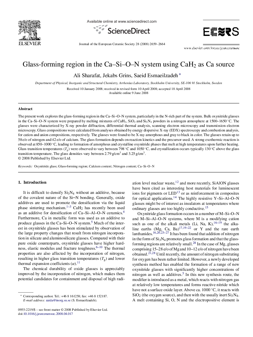 Glass-forming region in the Ca–Si–O–N system using CaH2 as Ca source