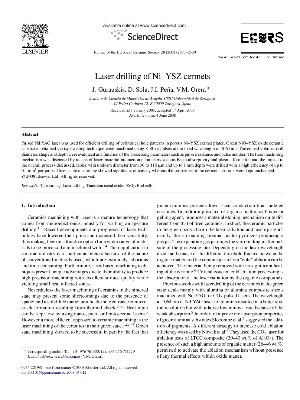 Laser drilling of Ni–YSZ cermets