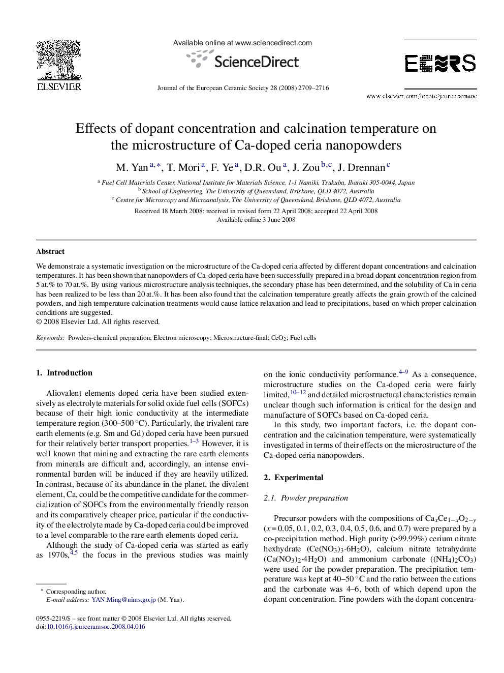 Effects of dopant concentration and calcination temperature on the microstructure of Ca-doped ceria nanopowders