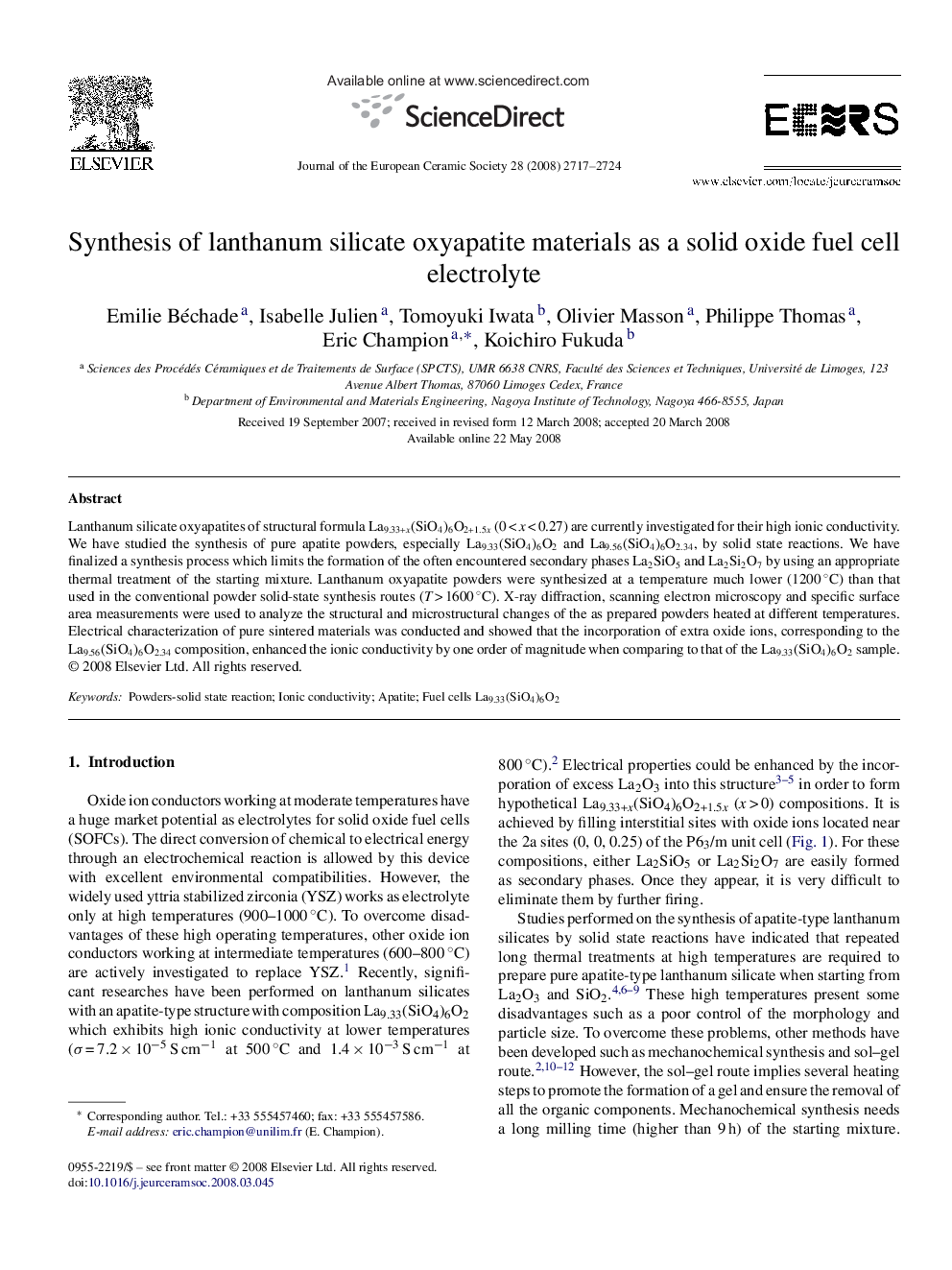 Synthesis of lanthanum silicate oxyapatite materials as a solid oxide fuel cell electrolyte
