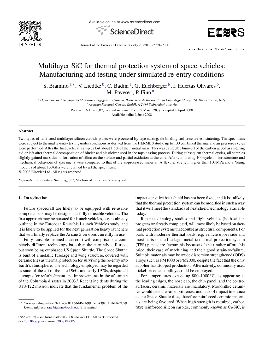 Multilayer SiC for thermal protection system of space vehicles: Manufacturing and testing under simulated re-entry conditions