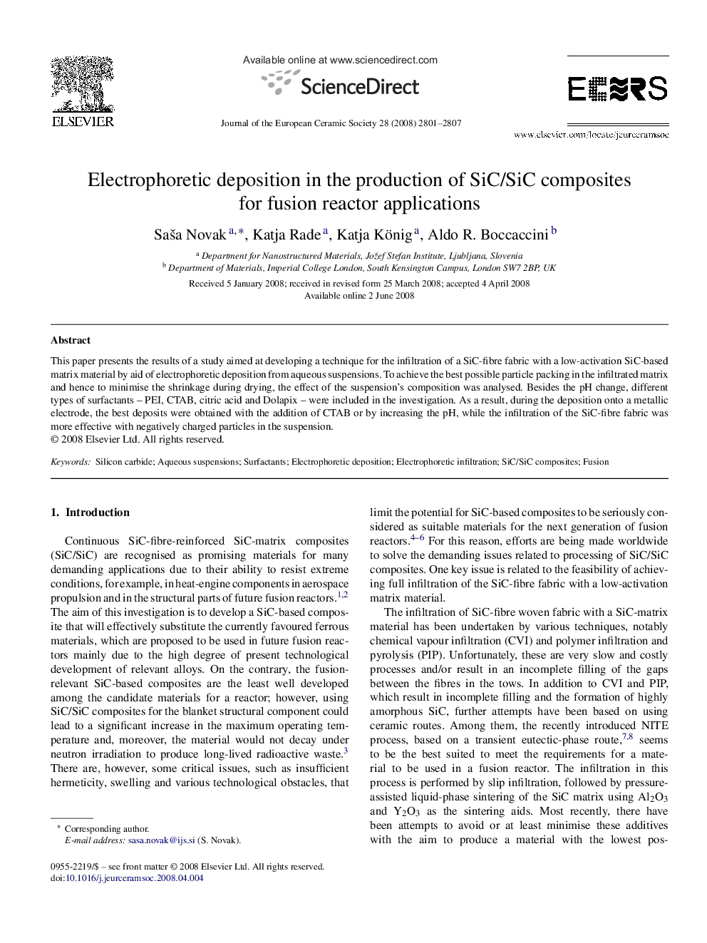 Electrophoretic deposition in the production of SiC/SiC composites for fusion reactor applications