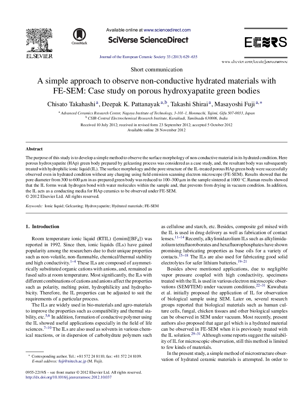 A simple approach to observe non-conductive hydrated materials with FE-SEM: Case study on porous hydroxyapatite green bodies