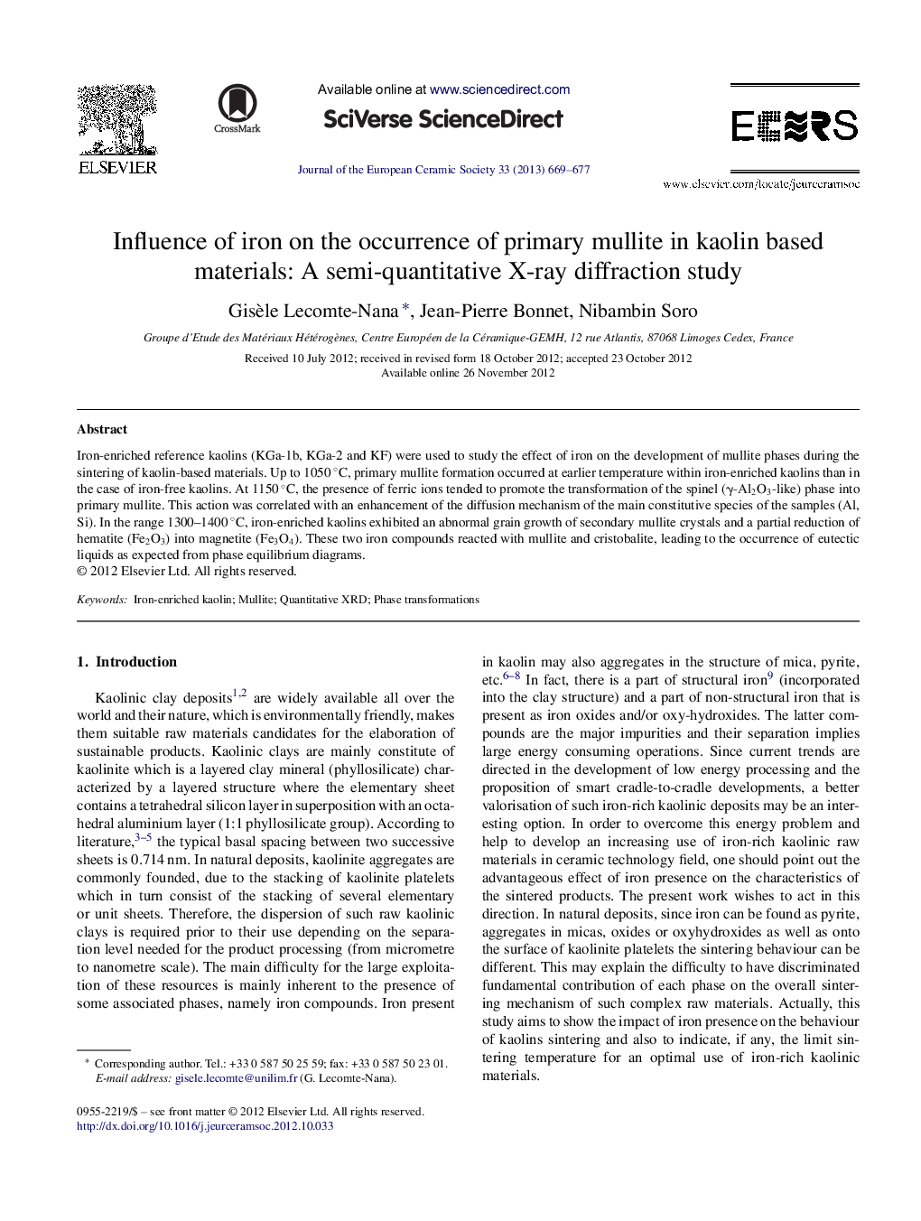 Influence of iron on the occurrence of primary mullite in kaolin based materials: A semi-quantitative X-ray diffraction study