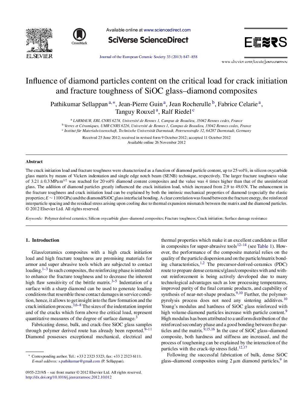 Influence of diamond particles content on the critical load for crack initiation and fracture toughness of SiOC glass–diamond composites